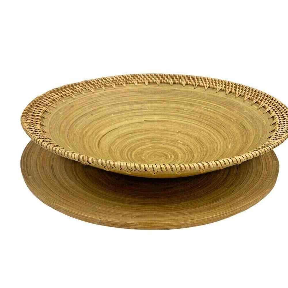 Large Vintage Vietnam 17.5" Bamboo Salad Fruit Storage Bowl W/ Platter Plate